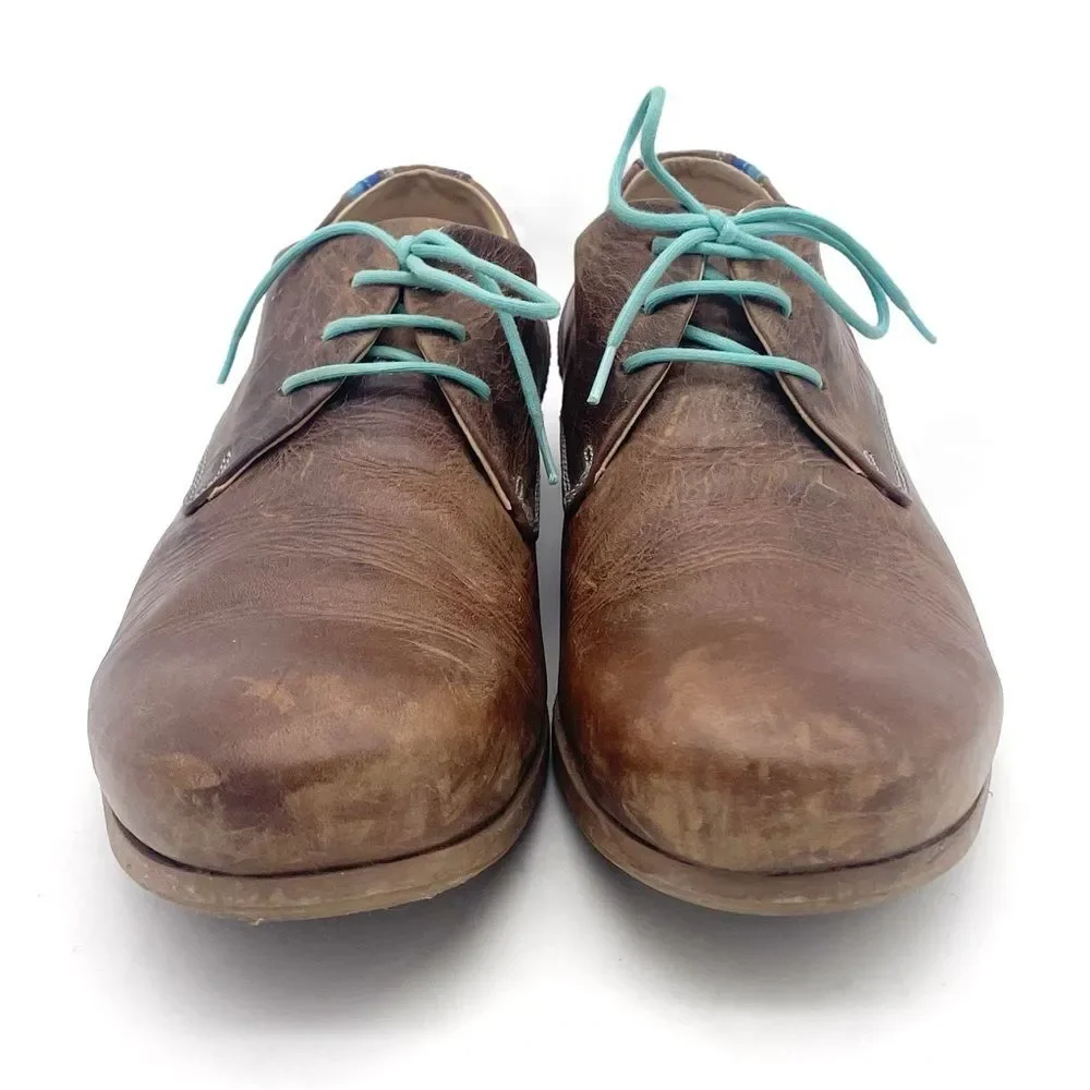 John Fluevog CBC Radio Derby Oxford Shoes Brown Leather Turquoise Men’s Size 8